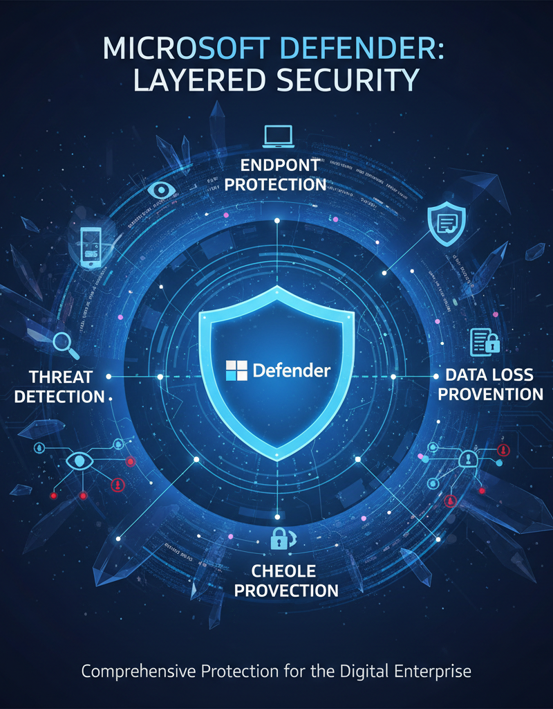 Infographic illustrating the various layers of security provided by Microsoft Defender, including threat detection, data loss prevention, and endpoint protection.