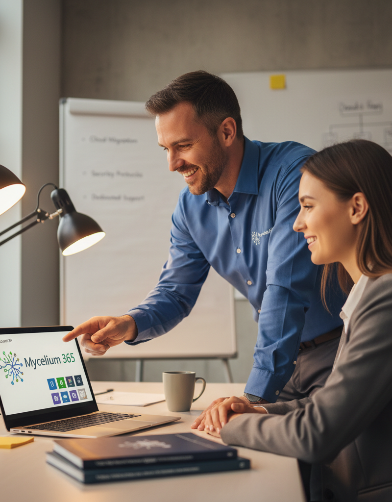 A professional IT specialist assisting a client with their Microsoft 365 setup, showcasing Mycelium 365's dedication to customer support and expert guidance.