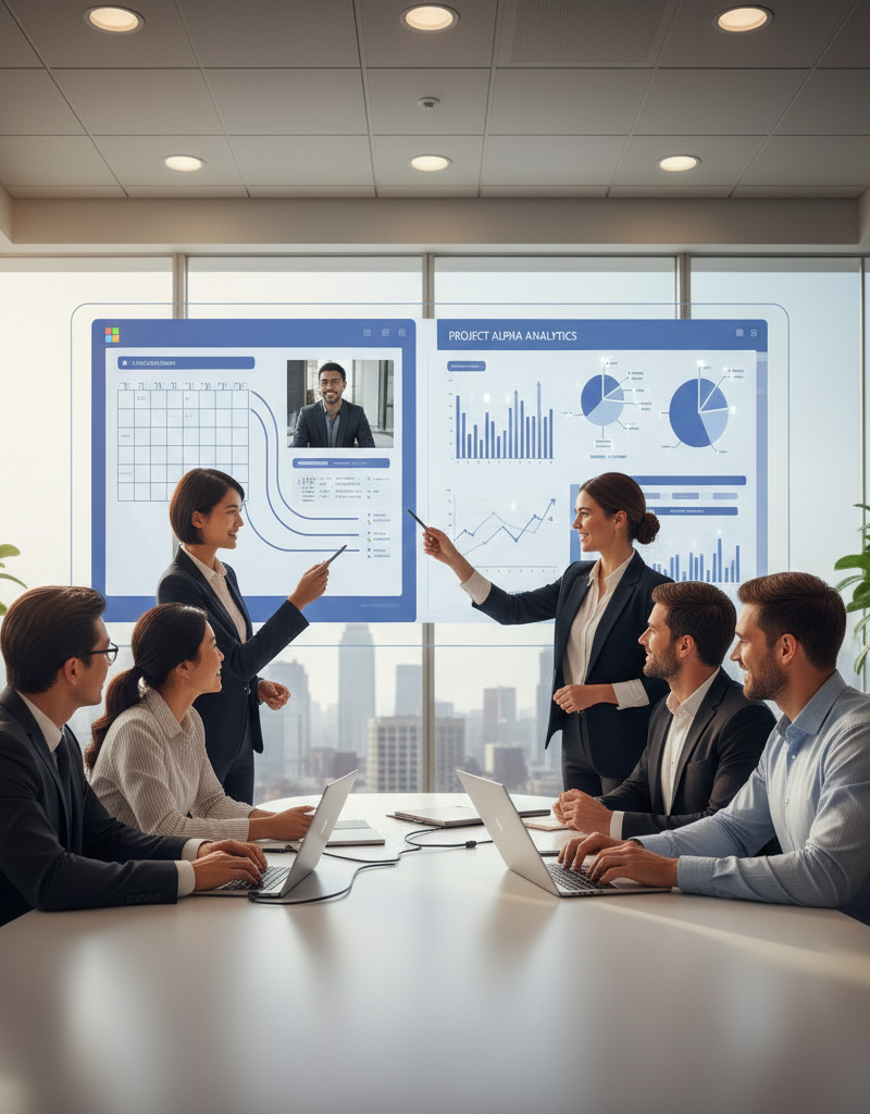A diverse team of professionals collaborating around a large interactive screen displaying Microsoft 365 applications and data visualizations. The atmosphere is bright and modern, emphasizing teamwork and data-driven decision-making.