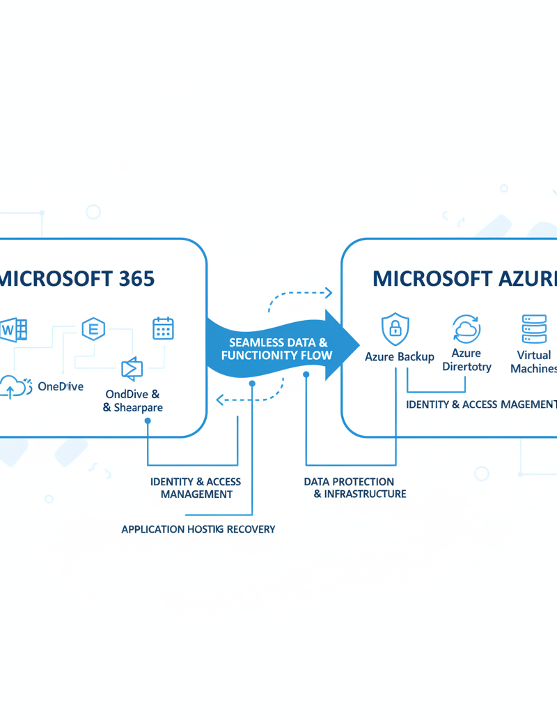 A diagram illustrating the integration between Microsoft 365 and Azure, highlighting key services such as Azure Active Directory, Azure Backup, and Azure Virtual Machines. The diagram emphasizes the seamless flow of data and functionality between the two platforms.
