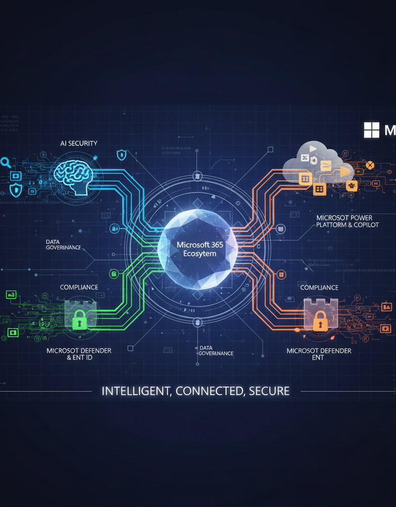 A futuristic graphic depicting the integration of AI, security, and other Microsoft services within the Microsoft 365 ecosystem. The graphic emphasizes the interconnectedness and intelligence of the platform.