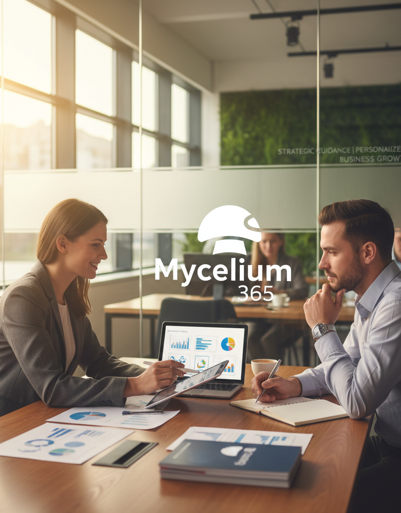 A professional consultant advising a business owner in a modern office setting, highlighting the personalized support and strategic guidance provided by Mycelium 365. The atmosphere is collaborative and focused on achieving business goals.
