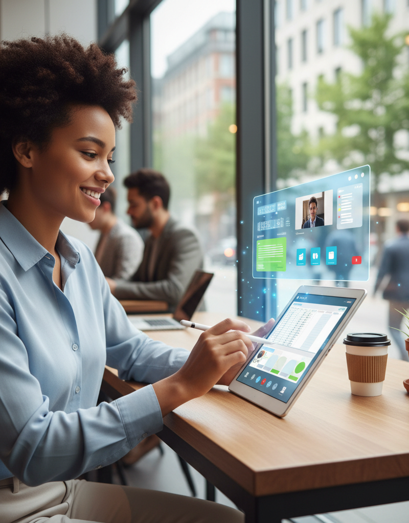 An office worker smiling as they work on a virtual desktop on a tablet while sitting in a cafe.