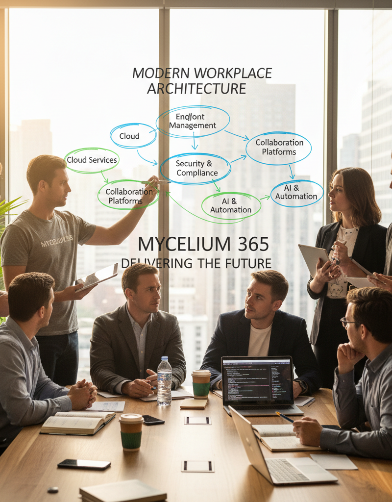 A diverse team of Mycelium 365 IT professionals collaborating on a project, with a whiteboard displaying a diagram of a modern workplace architecture.
